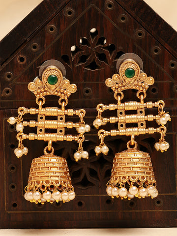 Karatcart Antique Gold Plated Traditional Temple Jhumka Earrings with Pearls for Women
