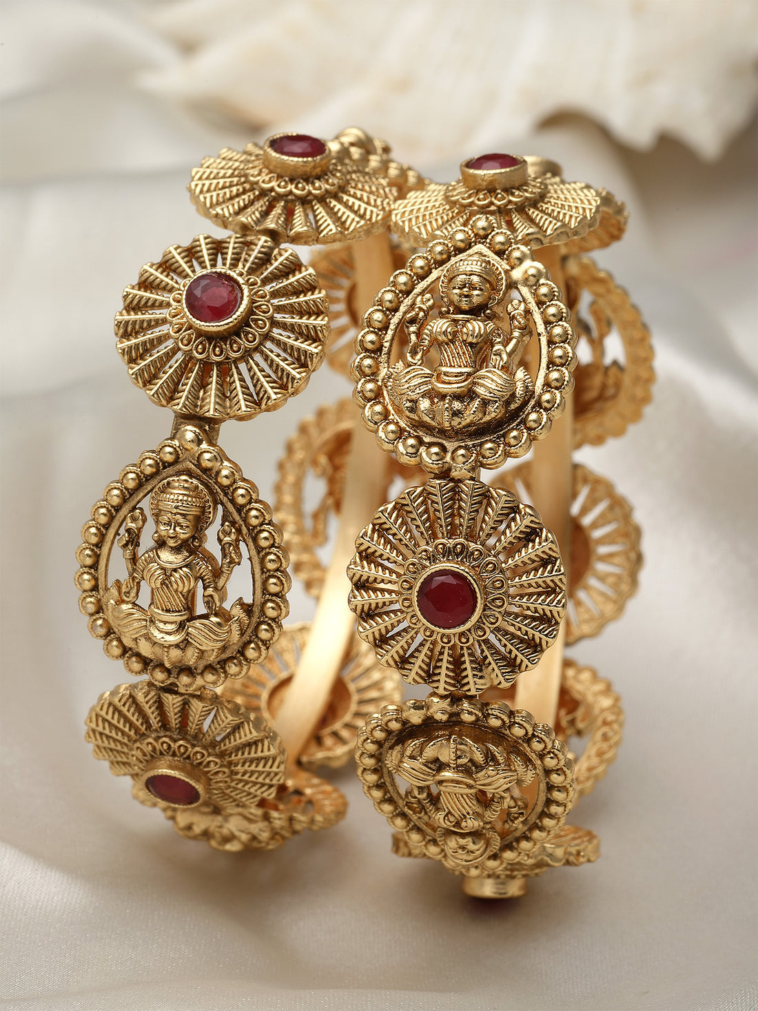 Karatcart Set of 2 Gold Plated Laxmi Mata Design Red Stone Bangles for Women