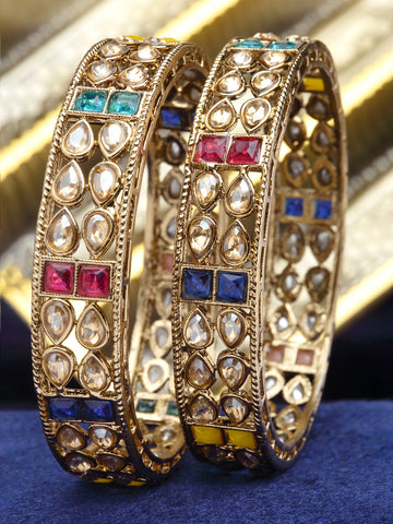 Karatcart Set of 2 Antique Gold Plated Drop Shape Multicolor Stone Rajwadi Bangles for Women