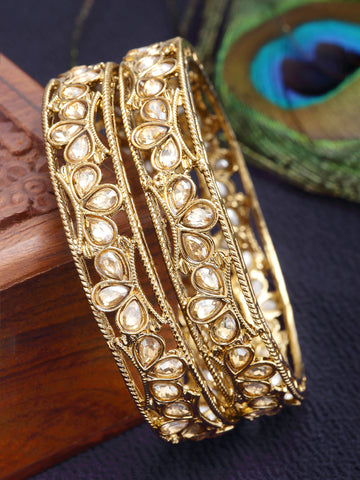 Karatcart Set of 2 Antique Gold Plated Golden Kundan Studded Bangles for Women
