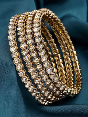 Karatcart Set of 4 Gold Plated Round Shape Golden Kundan Studded Bangles for Women