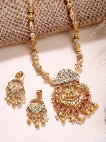 Karatcart Gold Plated Elephant Design Rani Haar Temple Necklace Set for Women