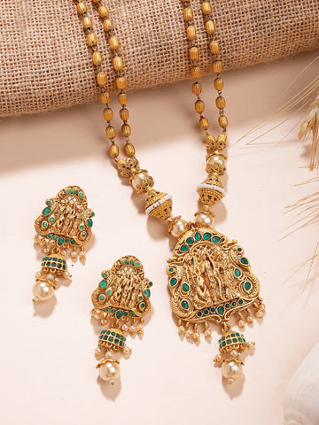 Karatcart Gold-Plated Shri Ram Pendant Rani Haar Necklace Set with Green Stones for Women