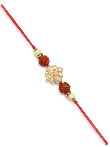 Karatcart Gold Plated Floral Kundan Rudraksha Studded Bhiya Rakhi with Roli & Chawal