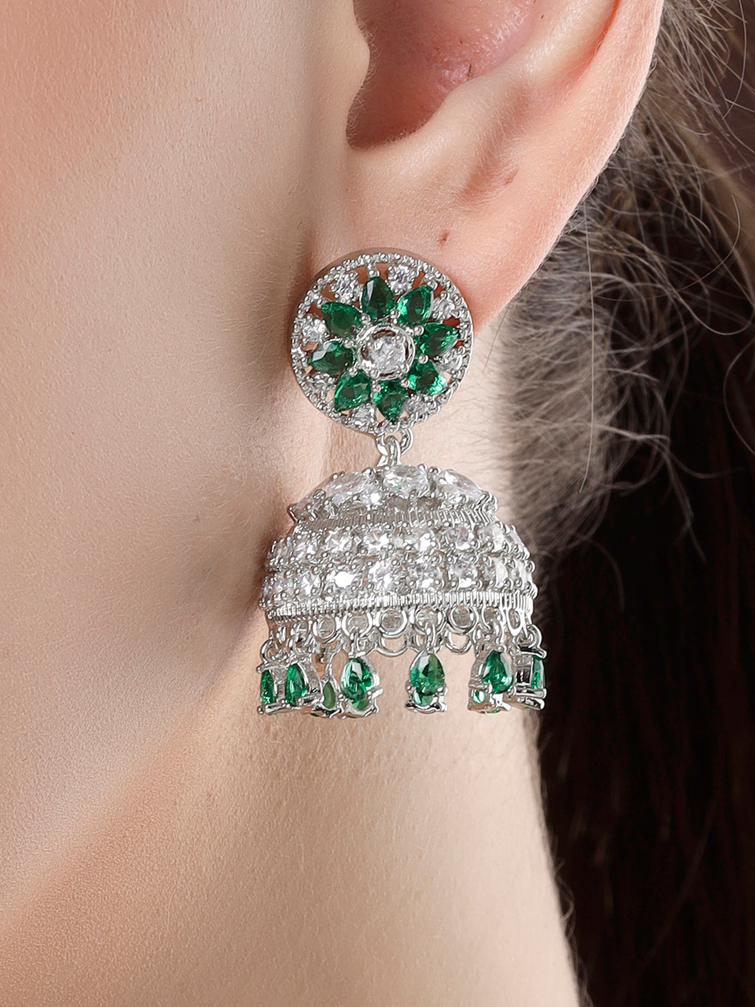 Karatcart Sparkling Silver Plated Green American Diamond Jhumki Earrings for Women