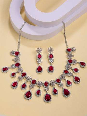 Karatcart Dazzling Silver Plated Red Drop American Diamond Necklace Set for Women