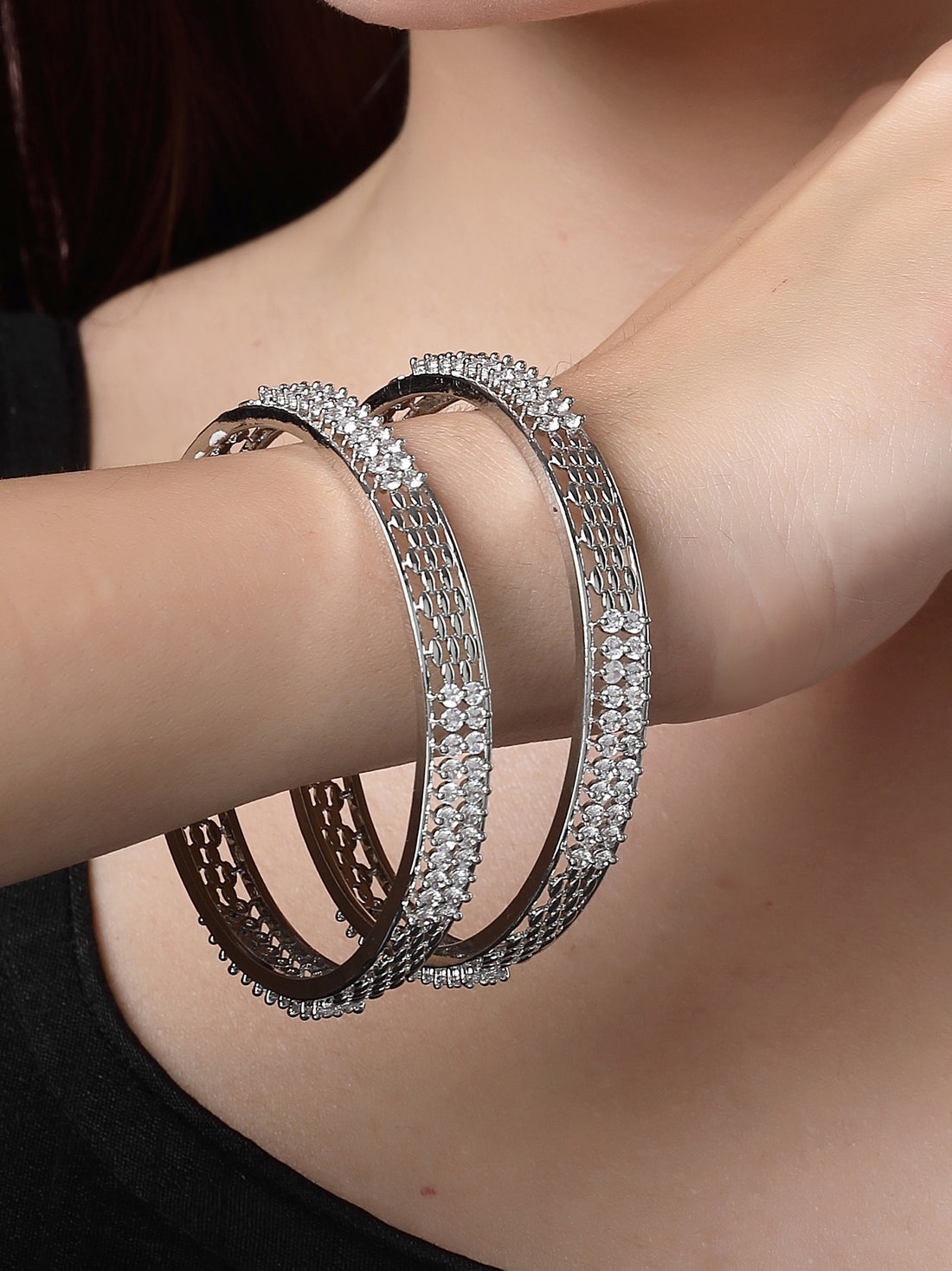 Karatcart Silver Plated Set of 2 American Diamond Studded Bangles for Women