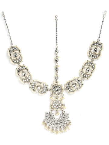 Karatcart Oxidised Silver Kundan and Pearl Studded Floral Mathapatti for Women