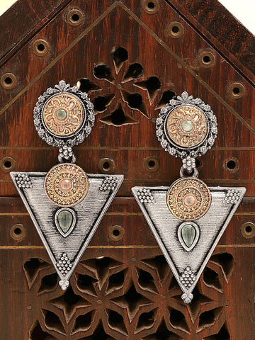 Karatcart Dual-Toned Oxidized Statement Earrings with Intricate Triangle Design and Pastel Green Stones for Women