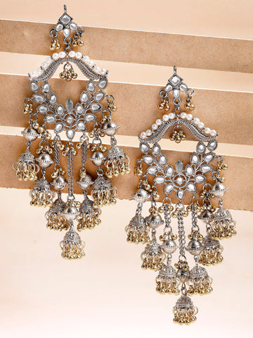 Karatcart Oxidized Silver Kundan Dangler Earrings with Golden Ghungroo Jhumkis