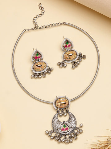 Karatcart Oxidised Silver and Gold Plated Hasli Necklace Set for Women