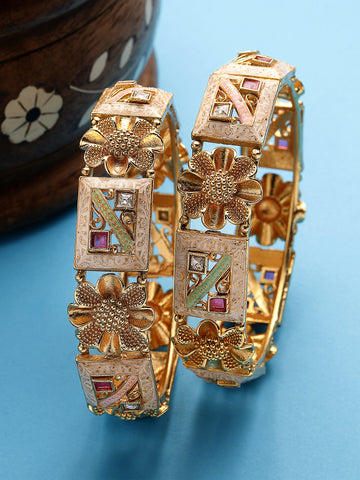 Karatcart Set of 2 Gold Plated Pink Meena Floral Design Bangles for Women