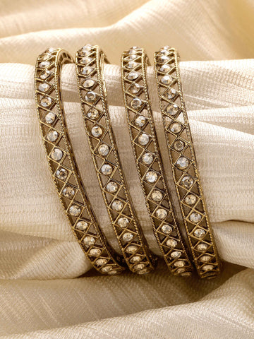 Karatcart Set of 4 Diamond Shape Kundan Studded Antique Gold Plated Bangles for Women