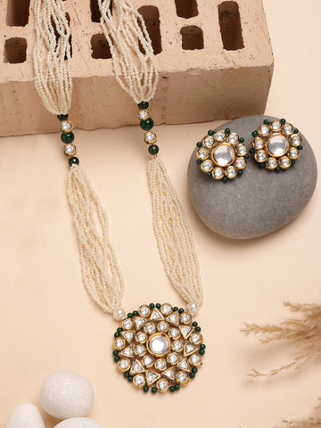Karatcart Green Beads Polki Kundan Long Rani Haar Necklace Set for Women
