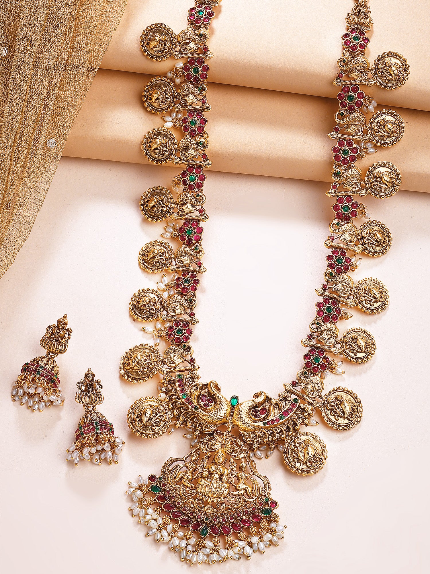 KARATCART Traditional Gold-Plated Laxmi Mata and Peacock Rani Haar Temple Jewellery Set for Women