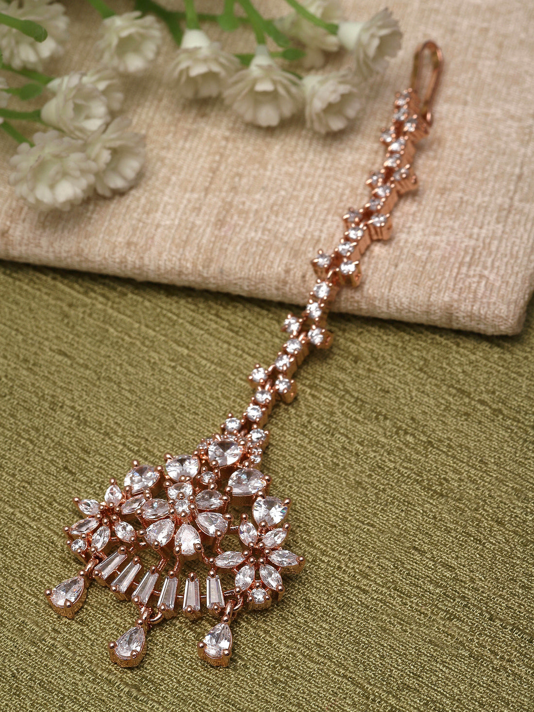 Karatcart Rose Gold Plated Floral Design American Diamond Maangtikka for Women
