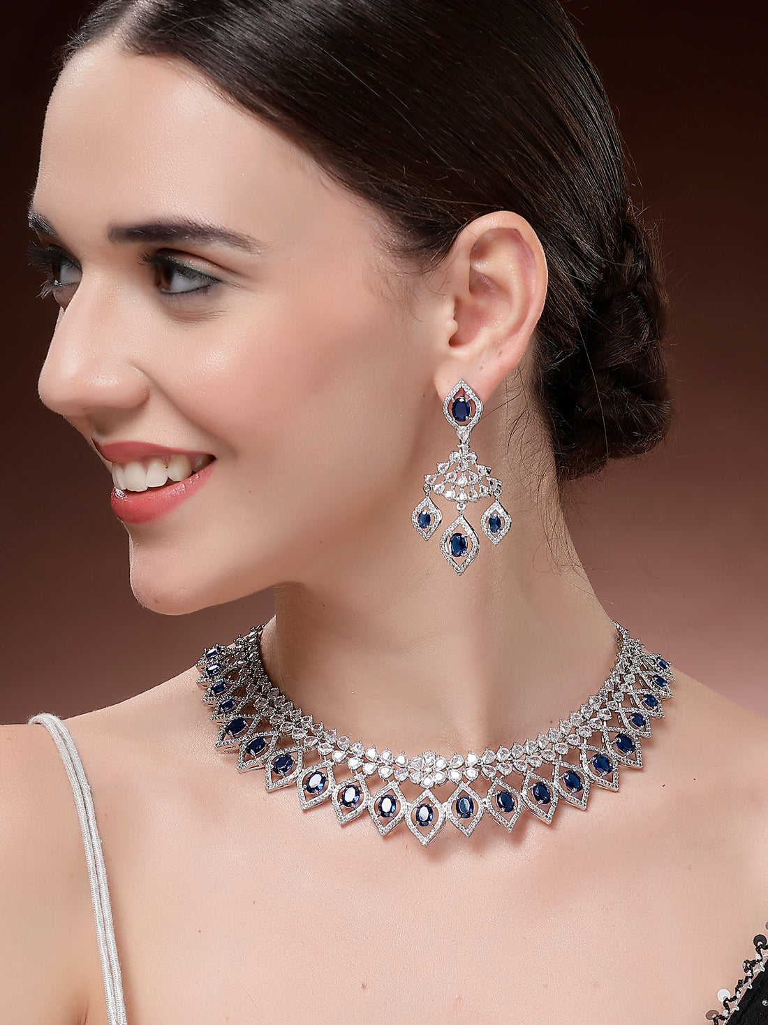 Karatcart Luxurious Blue Drop American Diamond Silver Plated Necklace Set for Women