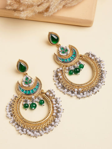 Karatcart Traditional Gold-Toned Chandbali Earrings with Green Stones and Pearl Tassels