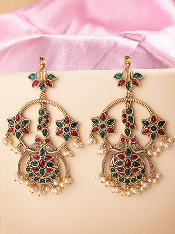 Karatcart Gold Plated Floral Design Red and Green Kundan Dangler Earrings for Women