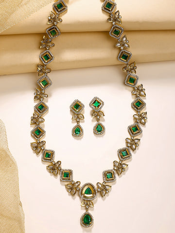 KARATCART Traditional Gold-Plated Green American Diamond Rani Haar Jewellery Set for Women