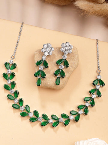 Karatcart Elegant Green American Diamond Silver Plated Leaf Design Necklace Set for Women