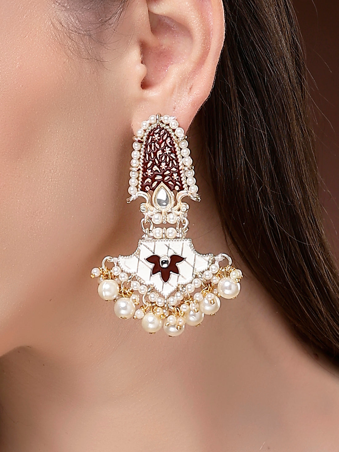 Karatcart Designer Gold Plated Maroon Meenakari Floral Kundan Dangler Earrings with Pearls