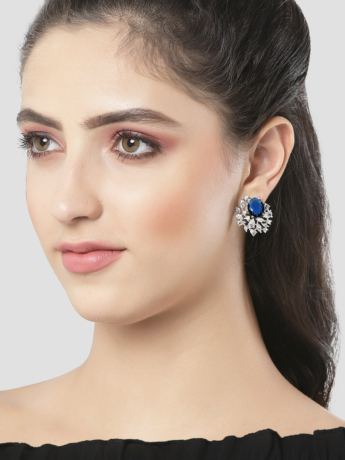 Karatcart Sparkling Blue American Diamond Silver Plated Stud Earrings for Women
