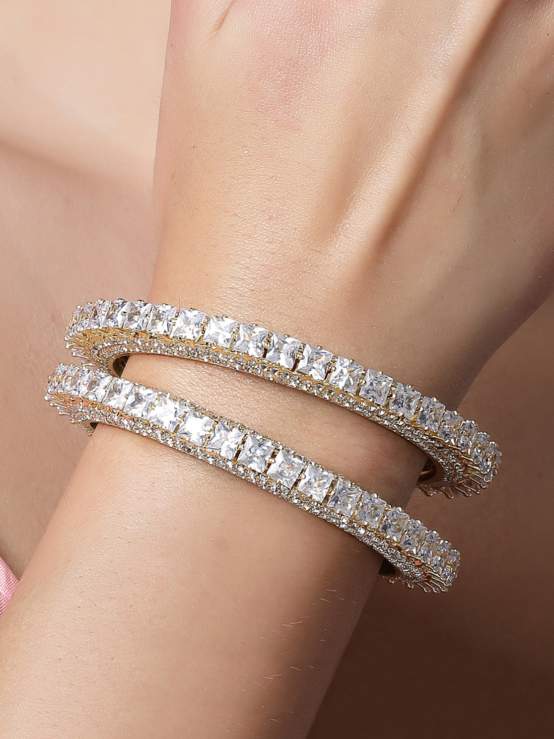 Karatcart Set of 2 Gold Plated Square American Diamond Studded Bangles for Women
