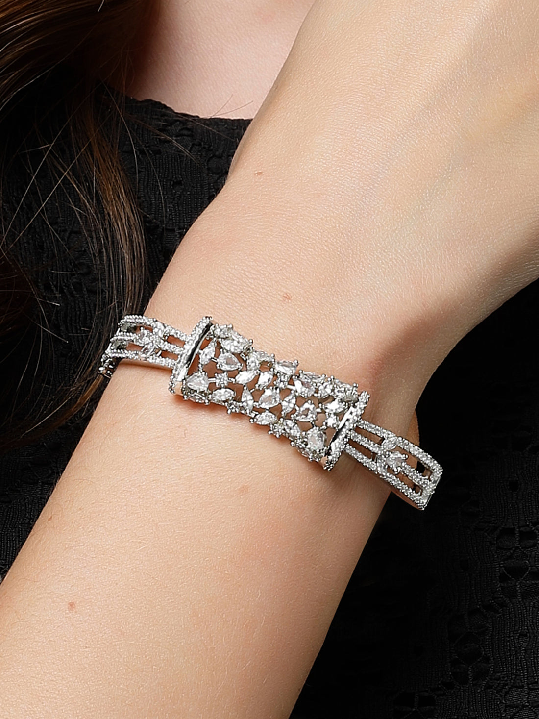 Karatcart Silver-Tone American Diamond Studded Bracelet for Women
