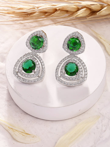 Karatcart Elegant Silver-Tone Teardrop Green American Diamond Drop Earrings for Women