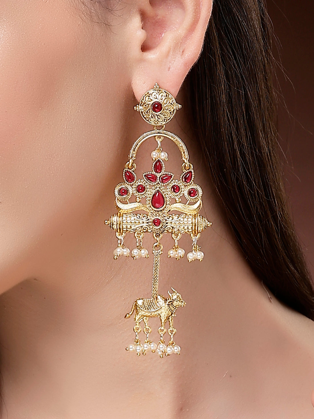 Karatcart Designer Gold-Plated Red Stone Nandi Motif Dangler Earrings with Pearl Drops