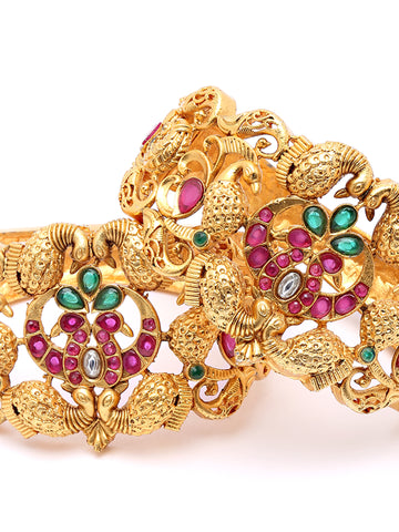 Karatcart Set of 2 Antique Gold Plated Peacock Design Rajwadi Temple Bangles for Women