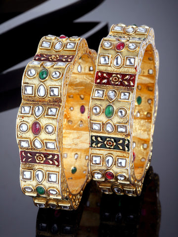Karatcart Gold Plated Red and Green Meena Kundan Studded Bangles Set for Women