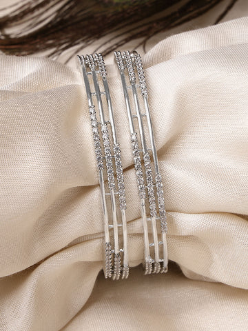 Karatcart Silver Plated Set of 2 American Diamond Studded Bangles for Women