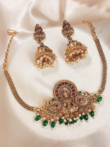 Karatcart Stunning Gold Plated Green Tumble Laxmi Mata Temple Jewellery Set for Women