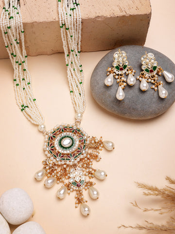 Karatcart Red & Green Beaded Long Kundan Rani Haar Necklace Set for Women
