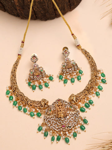 Karatcart Antique Gold Plated Green Tumble AD Temple Jewellery Set for Women