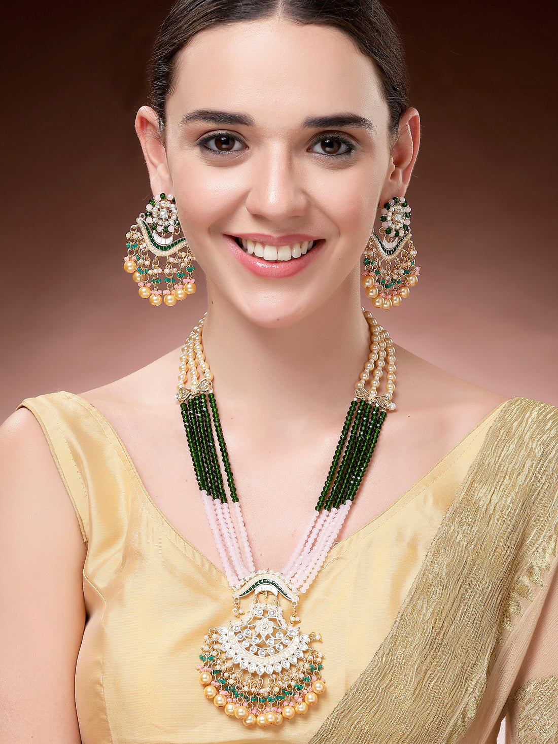 Karatcart Green and Pink Crystal Rani Haar Neckalce Set for Women