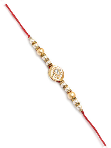 Karatcart Golden Beads and Pearl Meenakari Kundan Bhiya Bhabhi Rakhi with Roli & Chawal