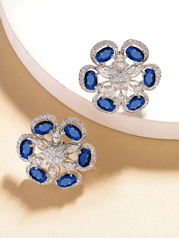 Karatcart Designer Floral Design Blue American Diamond Stud Earrings for Women