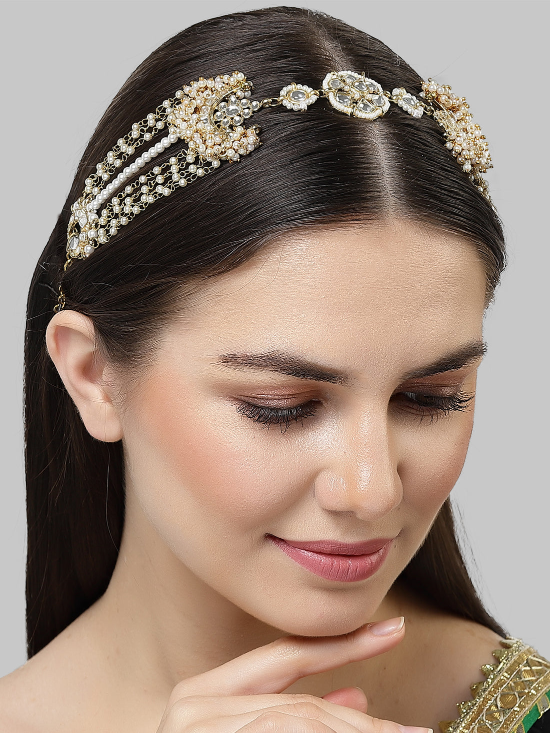 Karatcart Gold Plated Floral Design Pearl Chain and Kundan Studded Hairband for Women