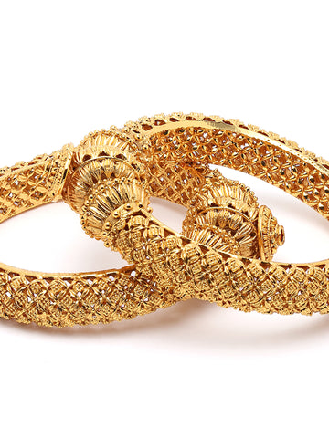 Karatcart Floral Rajwadi Set of 2 Antique Gold Plated Temple Bangles for Women
