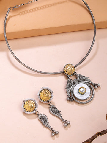 Karatcart Oxidised Silver Peacock Design Hasli Necklace Set for Women