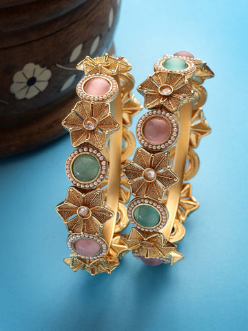 Karatcart Set of 2 Gold Plated Pink and Lime Green Stone Studded Floral Bangles for Women