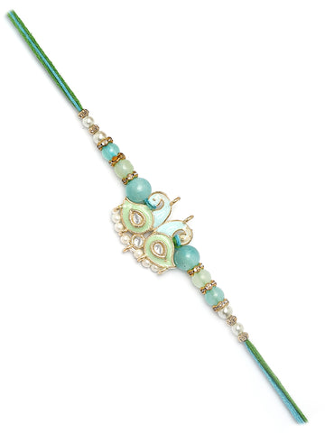 Karatcart Gold Plated Light Blue and Green Meena Kundan Bhiya Rakhi with Roli & Chawal
