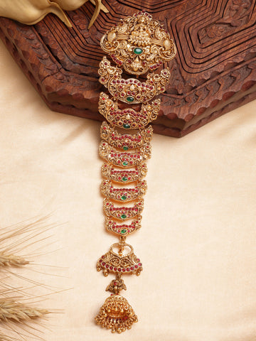 Karatcart Traditional Gold Plated Red & Green Stone Studded Laxmi Mata Hair Choti for Women