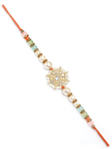 Karatcart Gold Plated Multicolor Beads Floral Kundan Bhiya Rakhi with Roli & Chawal