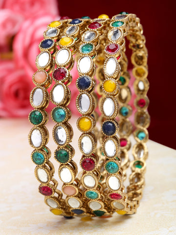 Karatcart Gold Plated Set of 4 Oval Shape Multicolor Stone Studded Bangles for Women