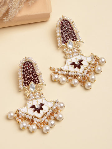 Karatcart Designer Gold Plated Maroon Meenakari Floral Kundan Dangler Earrings with Pearls