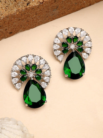 Karatcart Elegant Floral Design Green American Diamond Stud Earrings for Women